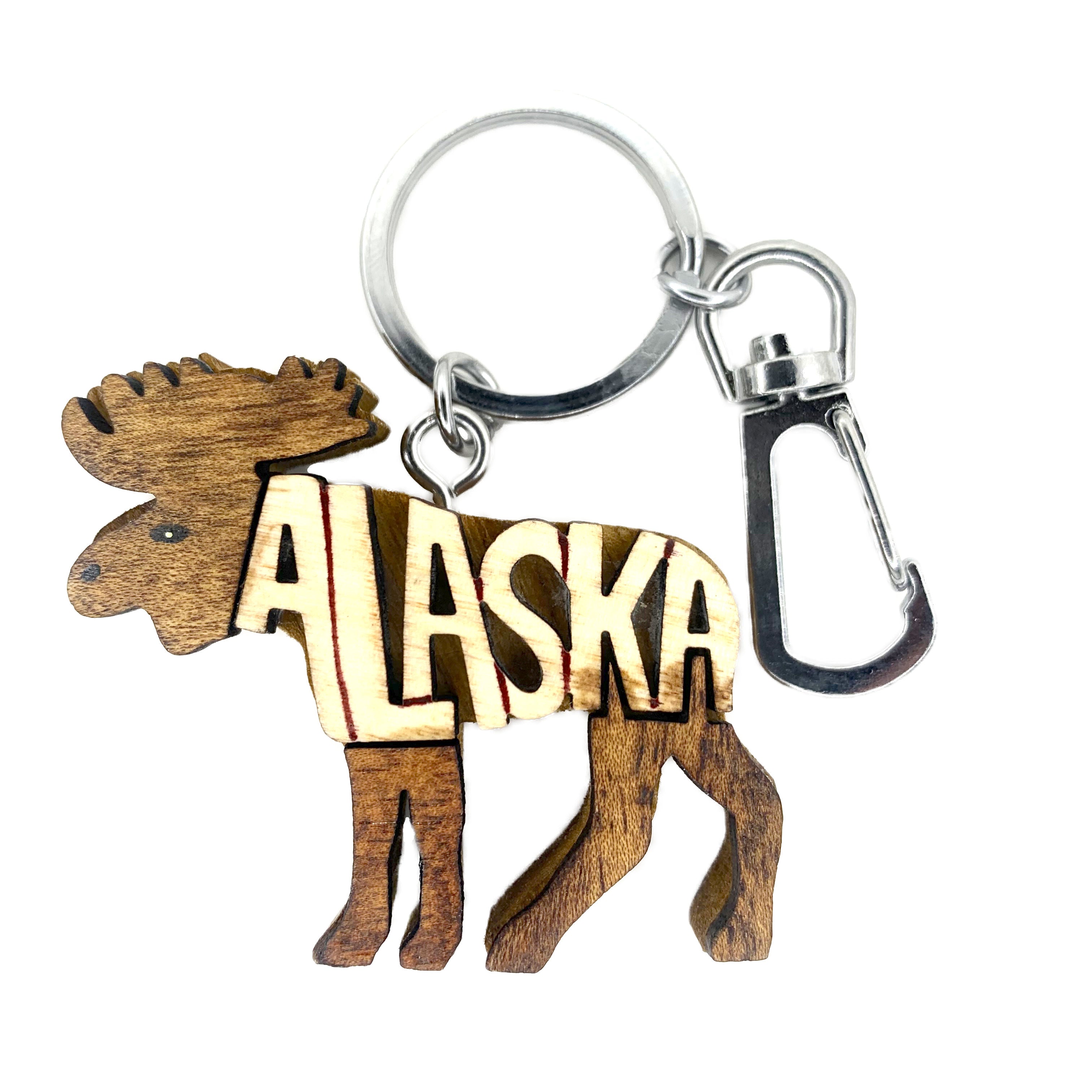 Moose Alaska Wooden Keychain